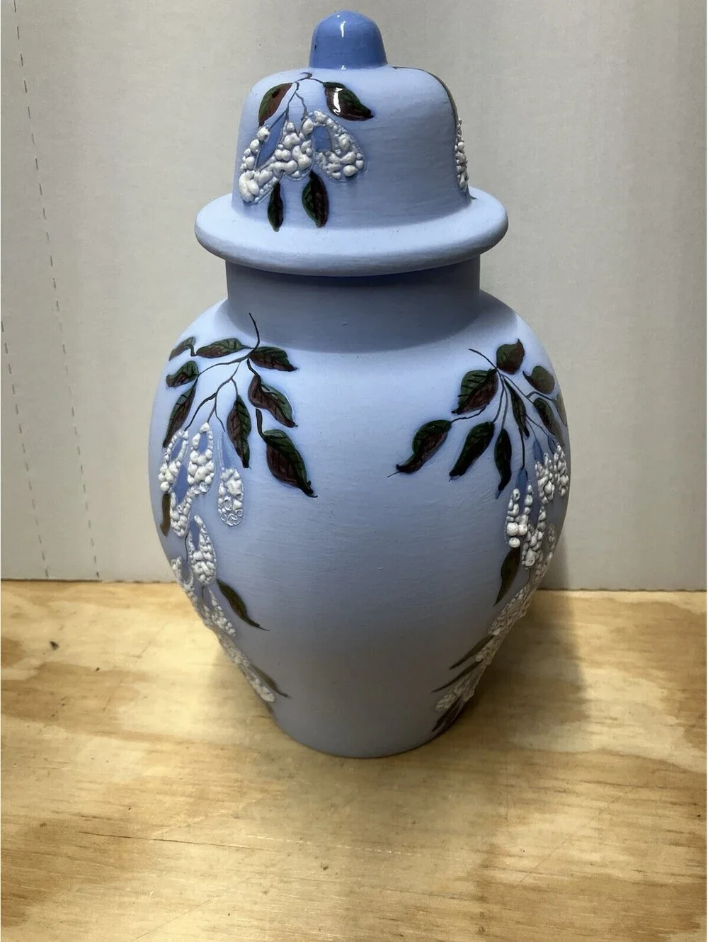Handmade Sky Blue Ceramic Floral Ginger Jar with Lid